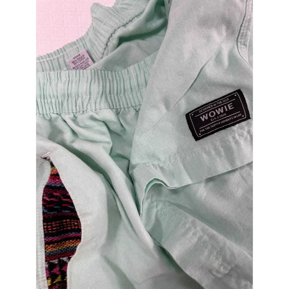 Wowie Aztec Shorts Men L Mint Green Geometric Trim Drawstring Casual Unlined EUC